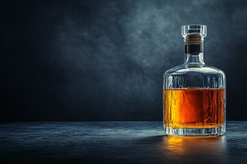 Elegant crystal decanter containing golden whiskey sits on a dark tabletop against a moody backdrop