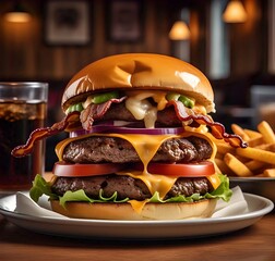 Juicy double burger, crispy fries and icy drink