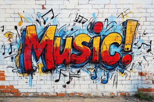 Fototapeta Colorful music graffiti with musical notes exploding on a white brick wall, representing urban art and musical passion
