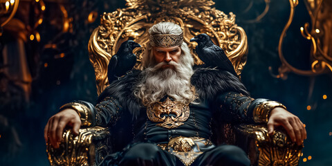 Regal king sitting on elaborate golden throne with dark feathers around him. Intricate details in a majestic room filled with opulence. Concept of fantasy, storytelling, art direction