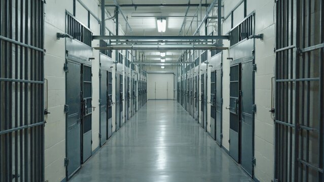 A long hallway in a prison cell block with multiple cells and bars
