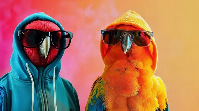 Hipster Parrots: A playful image featuring two vibrant parrots in stylish hoodies and cool sunglasses, exuding confidence and fun against a colorful backdrop. 