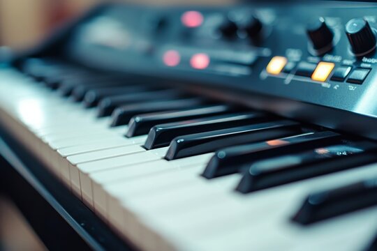 Close up of black and white piano keys on an electronic keyboard with control panel out of focus, ready for playing music