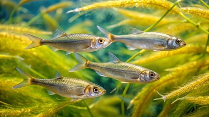 School of Small Silver Fish Swimming Among Aquatic Plants