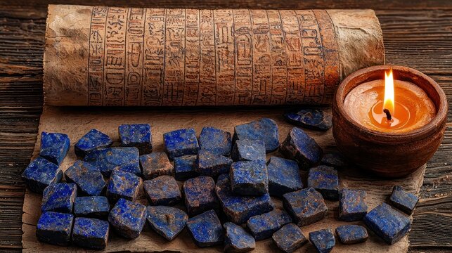 Ancient scroll and lapis lazuli stones, mystical ambiance