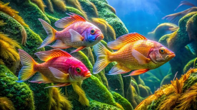 Colorful Tropical Fish Swimming Among Vibrant Green Seaweed