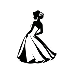 A black and white vector silhouette of a beautiful bride in an elegant wedding gown, holding a bouquet, on a white background