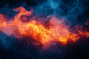 Fototapeta premium Orange flames burning creating a colorful abstract design against a dark background with blue smoke