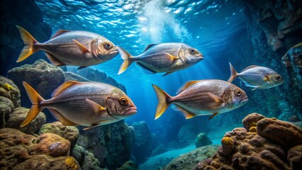 Fototapeta premium Schools of Fish Swimming in Vibrant Underwater Coral Reef Scene