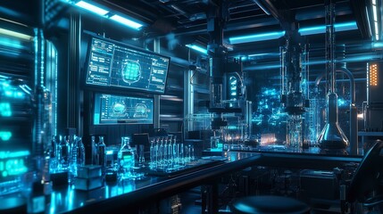 Obraz premium Futuristic Science Lab Interior Advanced Technology Research Modern Digital Screens Equipment Glassware Blue Neon Lighting Clean Advanced Medical 