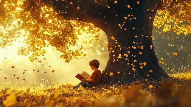 A young child sitting under a massive oak tree. World Book and Copyright Day.