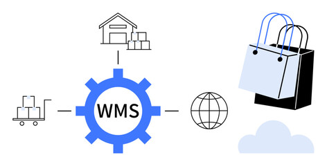 Gear labeled WMS linked to warehouse, cart of packages, globe, shopping bags, cloud. Ideal for logistics, inventory, supply chain warehouse management e-commerce automation efficiency. Abstract