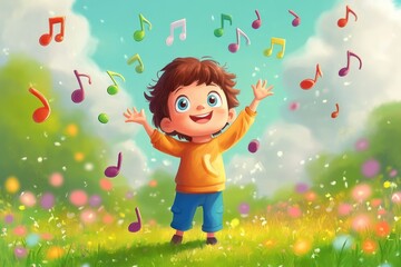 Cartoon illustration of a happy child enjoying music notes falling on a colorful meadow