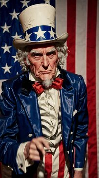 Close-up angle of a person in patriotic attire pointing forward, evoking a recruitment video style with intense focus and dramatic lighting. Live mobile wallpaper.