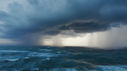 Fototapeta premium A storm cloud looms over the open ocean, with waves and sea foam visible in the sunlight