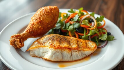 Chicken and fish fry, grilled chicken breast, chicken legs