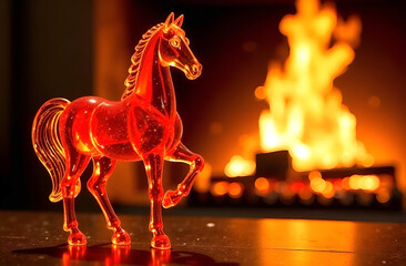          Red glass figurine of a graceful horse against the background of a bright flame in a fireplace, symbol of the year, golden glitter, high skill of glass blowers, photo for a calendar          