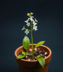 Vibrant green sprout with delicate white blooms in terracotta pot, garden, vibrant