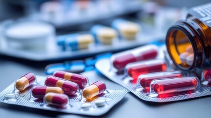 Assorted pills and capsules in blister packs and a bottle