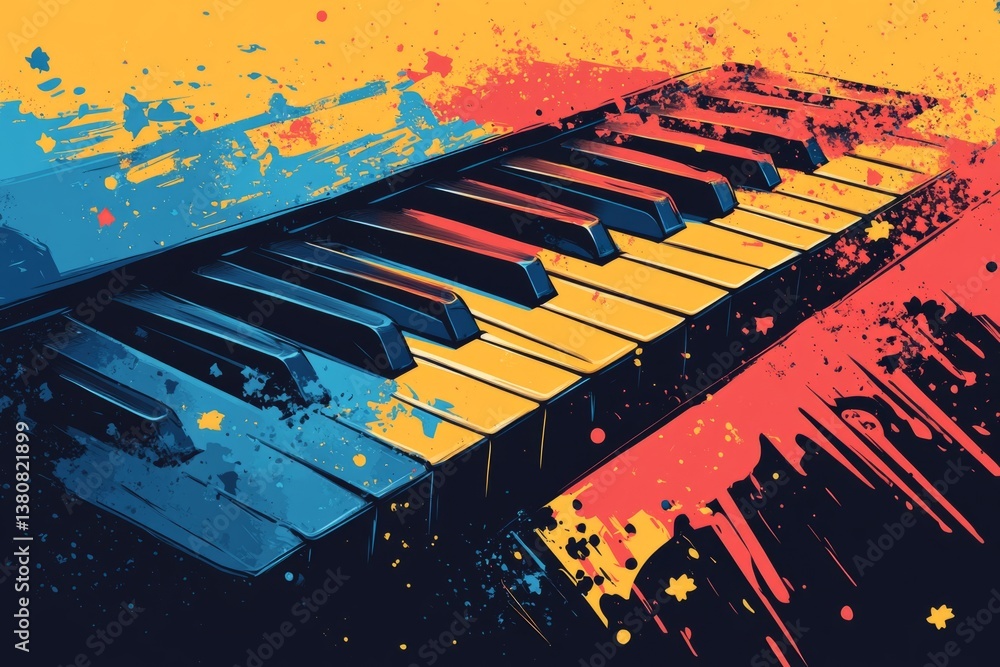 Poster electronic keyboard with colorful paint splatters creating a vibrant and artistic representation of 