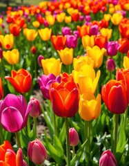 Fototapeta premium Vibrant tulips in a sun-drenched meadow, showcasing a rainbow of colors, sunlit, bloom