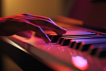 Hand gracefully playing piano keys under colorful stage lights, creating a captivating musical performance