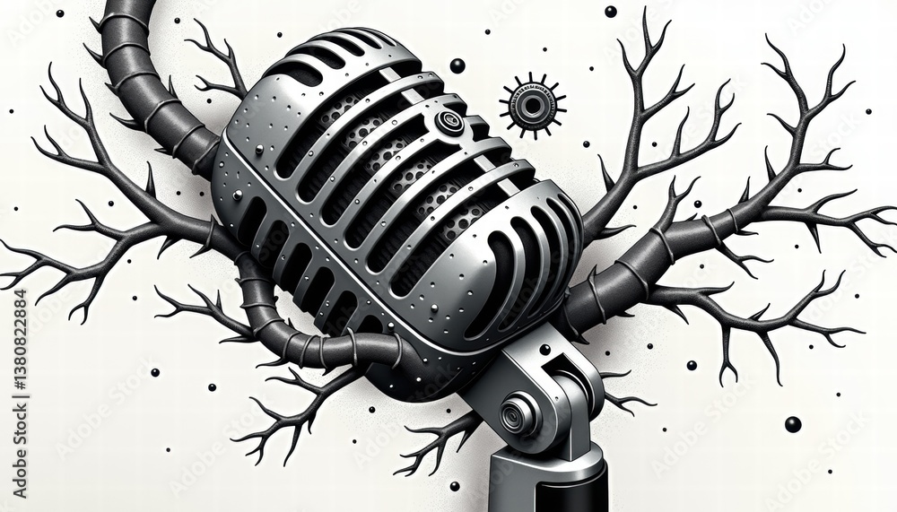 Poster abstract microphone with branches and dots in modern design