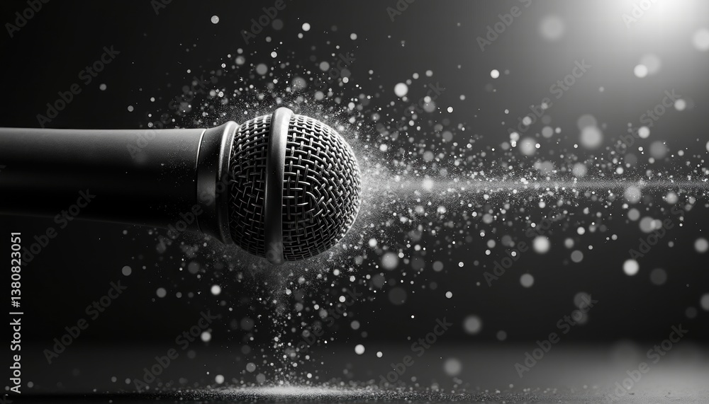 Poster abstract microphone with sparkling dots against a dark background