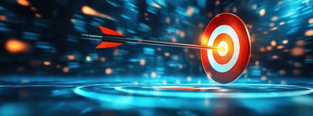 Fototapeta premium 3D rendering of one arrow hitting the center target on a blue and white background, with a focus effect and blurred edges. This represents the concept of business goal achievement.