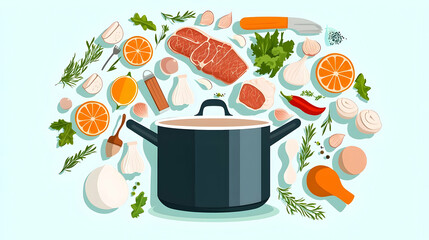 Fresh Ingredients and Cooking Tools for Delicious Meal Preparation