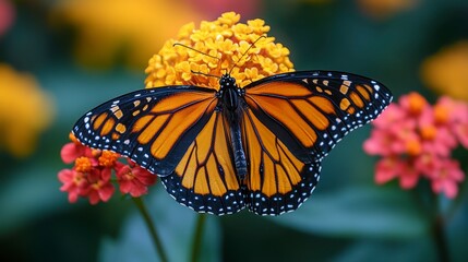 Fototapeta premium Monarch butterfly rests wings open on a cluster of tiny, bright yellow blooms