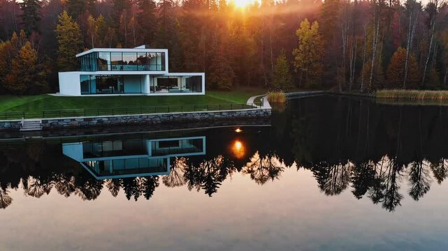 Villa moderne au bord d&rsquo;un lac, architecture minimaliste en pleine nature foresti&egrave;re, au coucher du soleil, reflet parfait dans l&rsquo;eau calme &ndash; immobilier de luxe