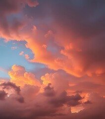 Fototapeta premium Dusk sky, vibrant rain clouds in warm orange and gray hues, cozy and inviting, nature, orange, dramatic