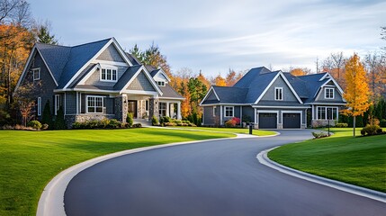 Two luxurious modern homes with gray siding and stone accents sit on a curved driveway with lush green lawns and autumn trees.