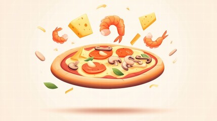 Vibrant Cartoon Pizza with Shrimp, Cheese and Colorful Vegetables