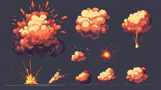Top view bomb explosion icon set step-by-step animation with boom effect on black background. Cartoon comic dynamite flame for app. Vector illustration