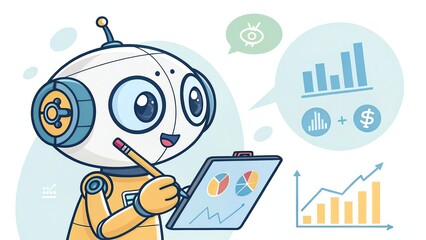 Cute robot thinking with digital icons, holding a stylus and analyzing business trends on a tablet.
