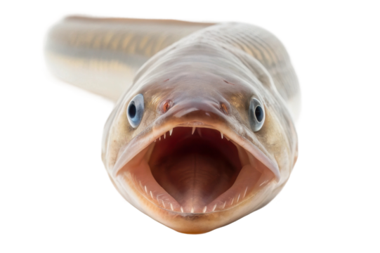 Unique freshwater eel with striking features and open mouth in a close-up view for educational use