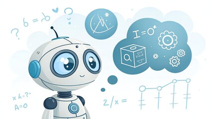 Cute robot thinking with digital icons, floating mathematical equations appearing around it.