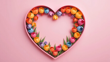 Vibrant Heart-Shaped Flower Arrangement with Colorful Tulips on Pink Background,Wallpaper