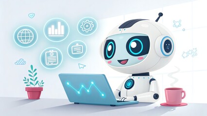 Cute AI robot processing information, glowing neon symbols orbiting its head.