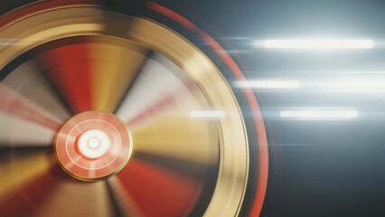 A close-up view of a spinning wheel with colorful lights shining in the background, suitable for use in illustrations or designs