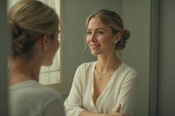 Fototapeta premium Woman Smiling at Her Reflection: Practicing Self-Acceptance and Positive Affirmations for Personal Growth and a Healthy Lifestyle