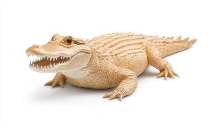 Naklejka premium Endangered species rehabilitation conservation wildlife rescue. A detailed wooden model of a crocodile, showcasing intricate carvings and lifelike features, highlighting craftsmanship and design.