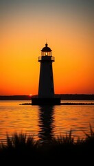 Golden hour light bathes a lakeside lighthouse silhouette at sunset, landscape, solitude