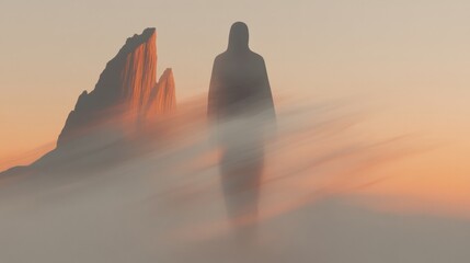 Fototapeta premium A transparent ghostly figure moving through a foggy landscape.