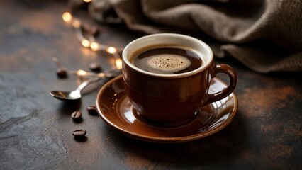 A rich brown ceramic cup filled with freshly brewed coffee, topped with a creamy froth