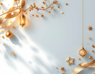 Fototapeta premium Golden Lanterns and Decorations with Branch on White Background