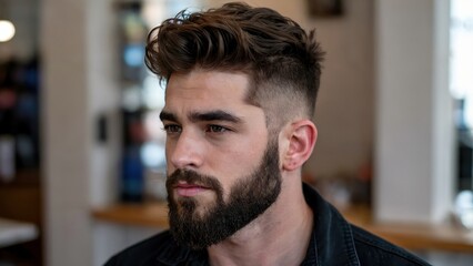 Obraz premium A young man with a modern fade haircut and a thick, well-groomed beard