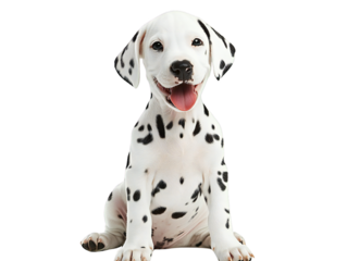 Dalmatian puppy with black spots sitting playfully, isolated on transparent background